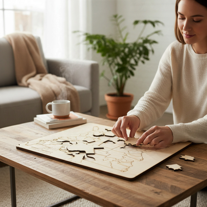 HipFlaskPlus raw wood 50 state American puzzle map art kit being assembled by a woman on a wooden coffee table