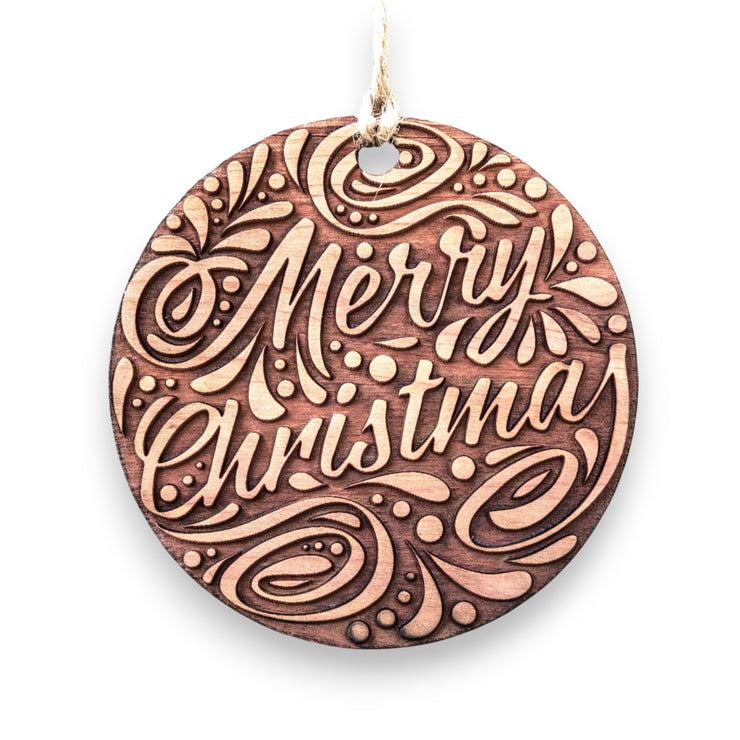 Merry Christmas - Raw Cedar Ornament 3x3in