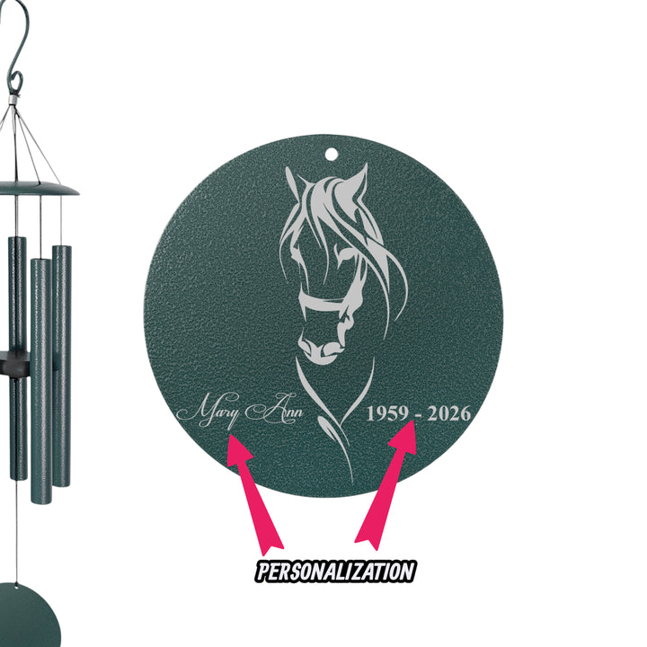 HipFlaskPlus personalized My Horse green powder coated wind chime showing where the personalized name is engraved