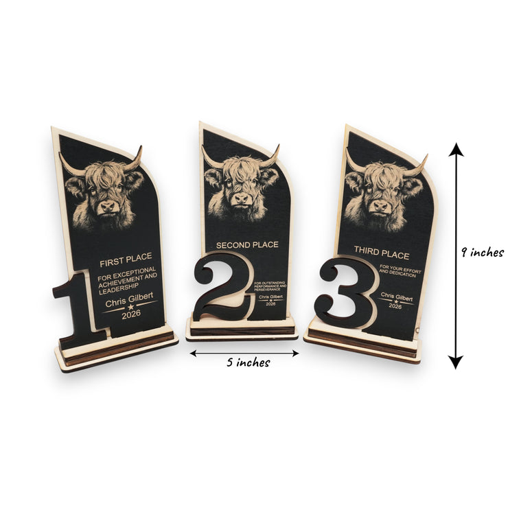 Trophy Award - PERSONALIZED - Highland Cow - 1st 2nd 3rd Place - 9x5 Inches