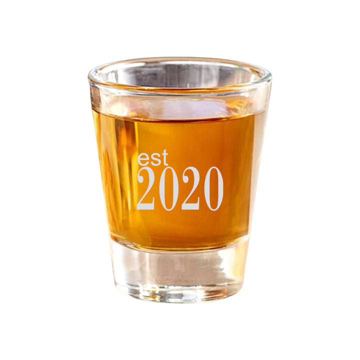 HipFlaskPlus 2oz shot glass filled with whiskey engraved with Est 2020