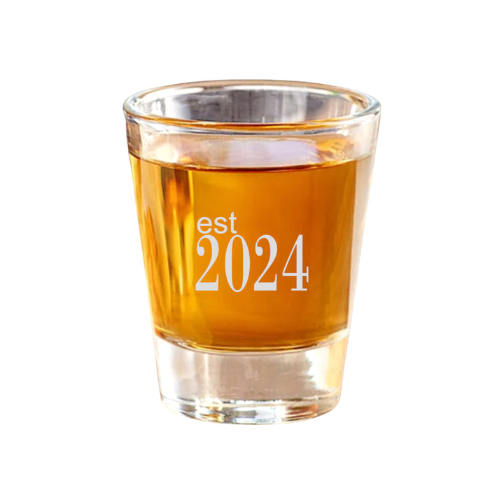 HipFlaskPlus 2oz shot glass filled with whiskey engraved with Est 2024