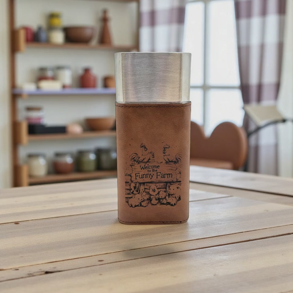 HipFlaskPlus brown leatherette cigar case with cutter engraved with Welcome to the Funny Farm video