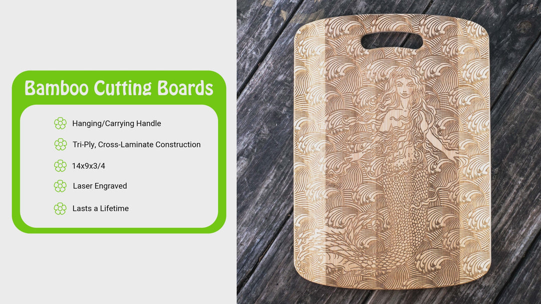 HipFlaskPlus video of a bamboo cutting board engraved with a personalized split letter monogram and name