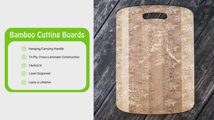 HipFlaskPlus video of a bamboo cutting board engraved with a personalized split letter monogram and name