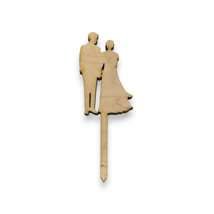 HipFlaskPlus raw maple wood cake topper cut out with a bride and groom