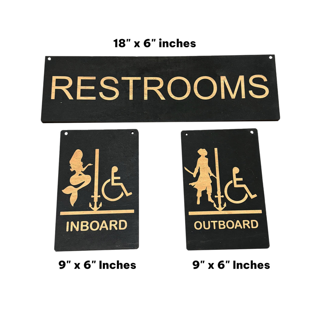 HipFlaskPlus Restrooms Inboard and Outboard black wood signs with size guide