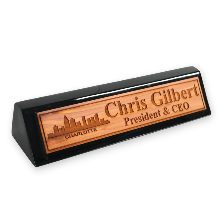 Desk Wedge Name Plate - PERSONALIZED - Charlotte NC Skyline - 11 Inches