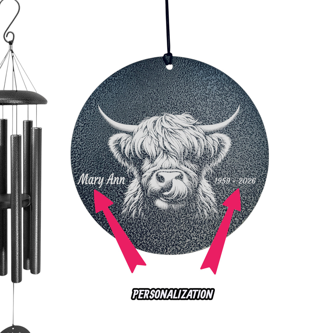HipFlaskPlus personalized Highland Cow black powder coated wind chime showing where the personalized name is engraved