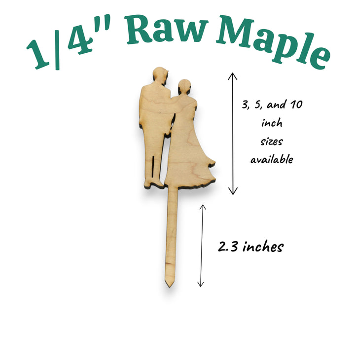 HipFlaskPlus raw maple wood cake topper cut out with a bride and groom with size dimensions