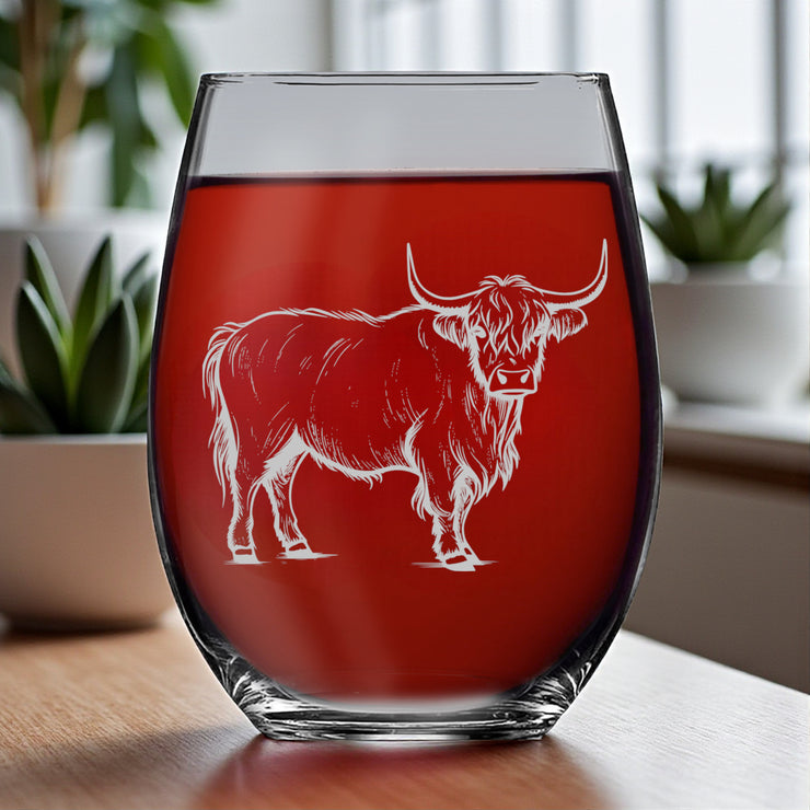 15oz Stemless Wine Glass - Highland Cow