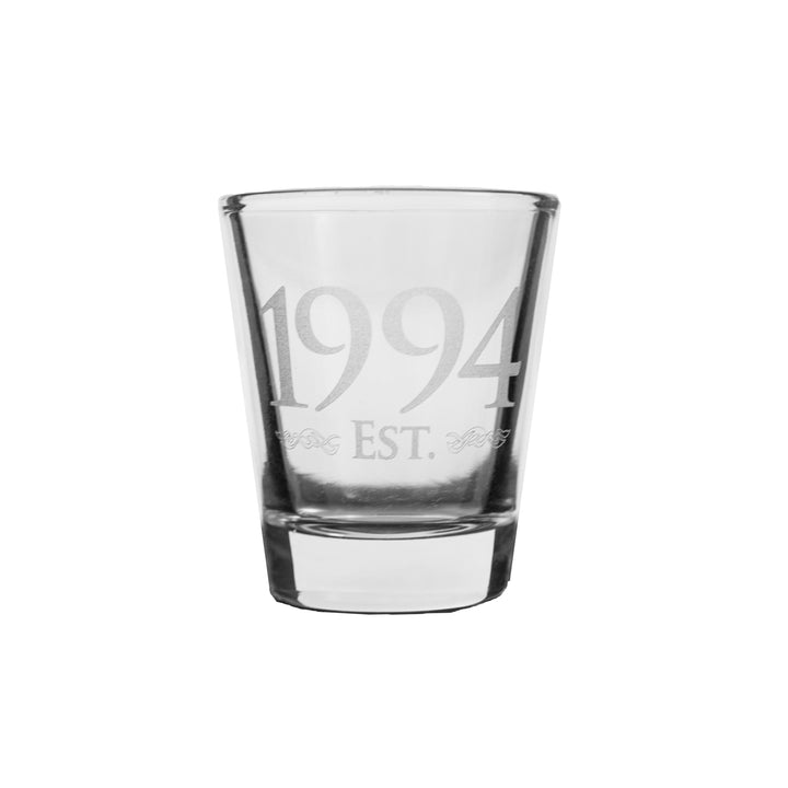 HipFlaskPlus 2oz clear shot glass engraved with Est. 1994