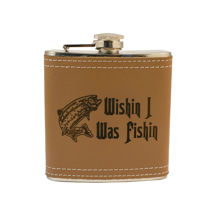 6oz Wishin I was Fishin Leather Flask KLB