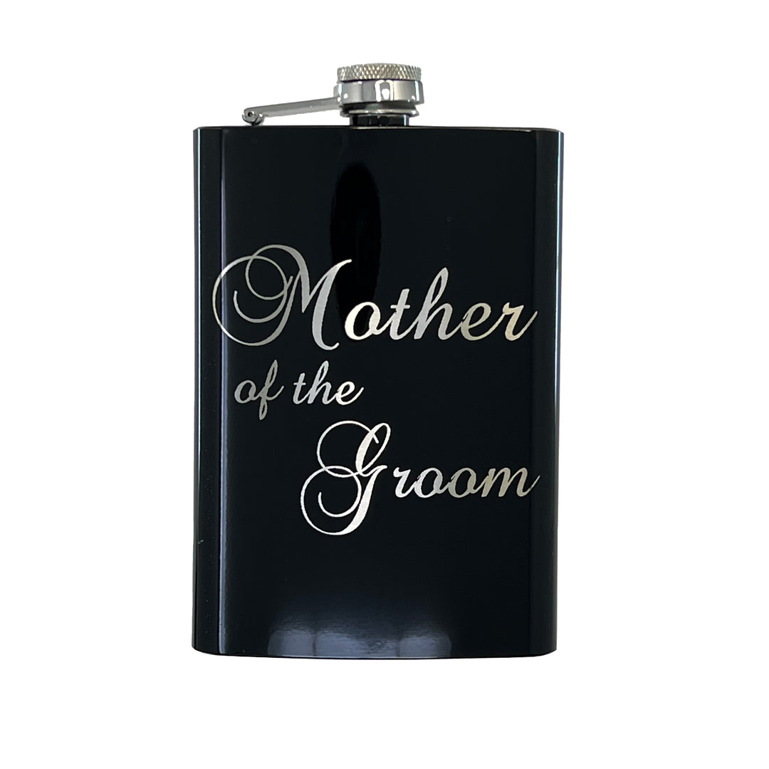 HipFlaskPlus 8oz black stainless steel hip flask engraved with Mother of the Groom