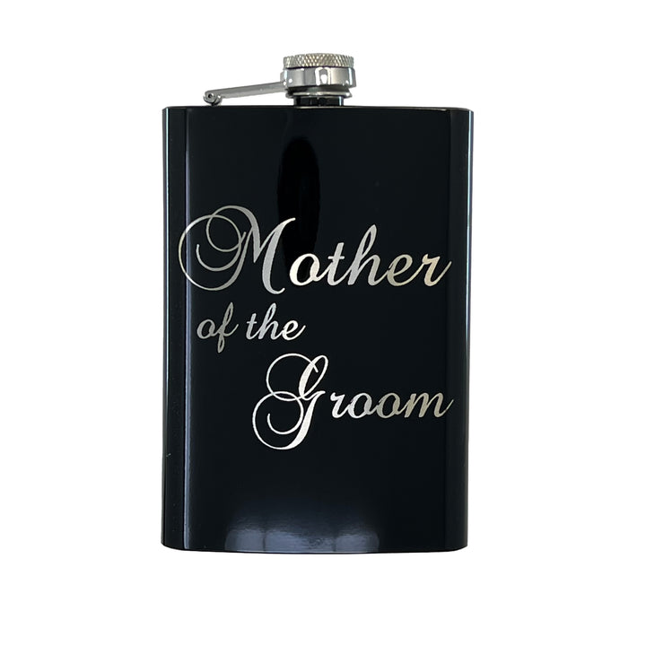 HipFlaskPlus 8oz black stainless steel hip flask engraved with Mother of the Groom