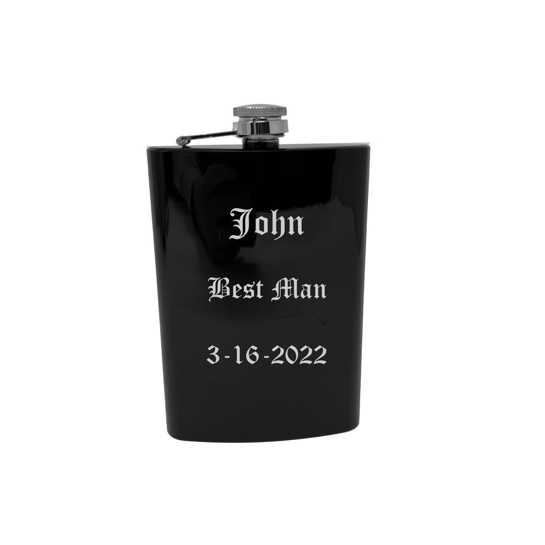 HipFlaskPlus 8oz black stainless steel hip flask engraved with custom wedding name and date in Old English font