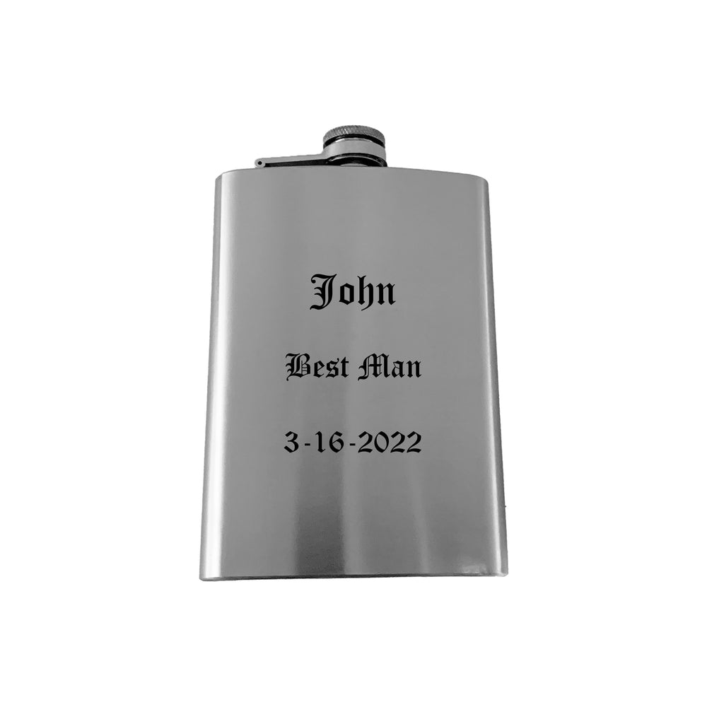 HipFlaskPlus 8oz stainless steel hip flask engraved with custom wedding name and date in Old English font