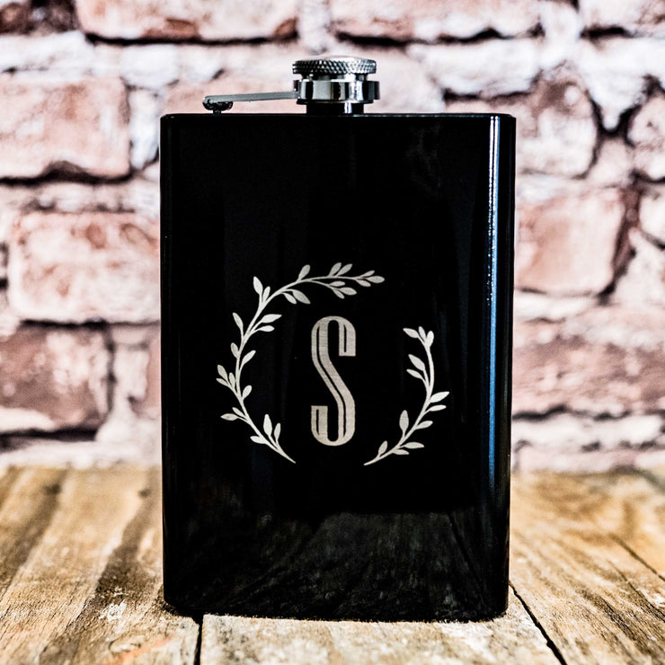 8oz Personalized BLACK Branches with Initial Flask CUSTOM PERSONALIZED