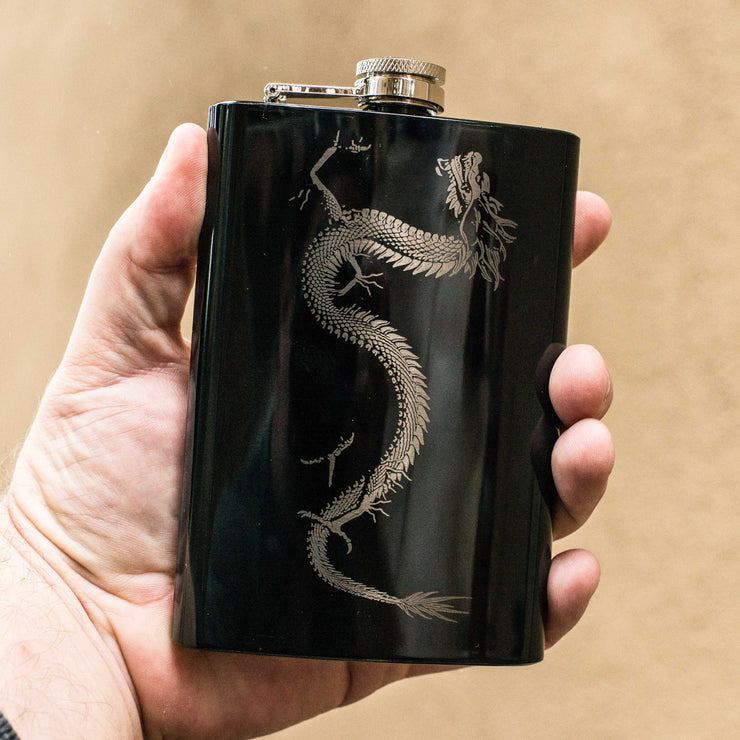 8oz BLACK Chinese Dragon Flask