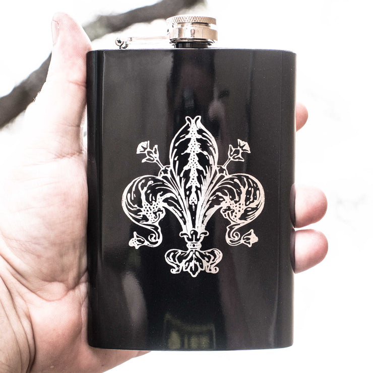 8oz BLACK Fleur de Lis Flask