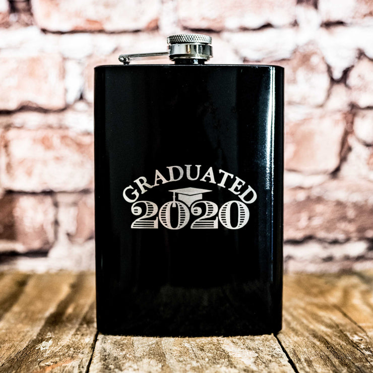 8oz BLACK Graduated with Year Flask CUSTOM PERSONALIZED