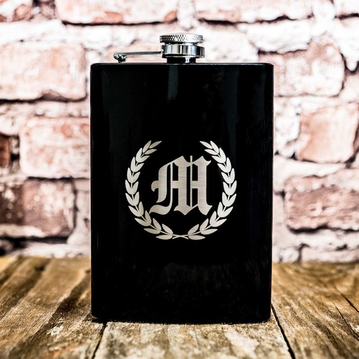 8oz Personalized BLACK Laurels with Initial Flask CUSTOM PERSONALIZED