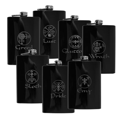 8oz BLACK Seven Deadly Sins Set of 7 Flasks