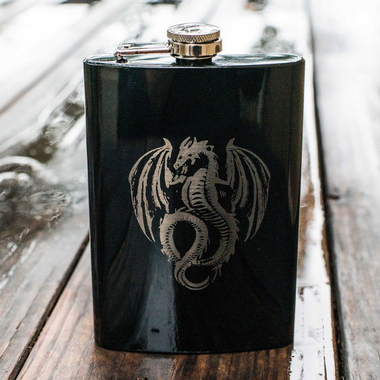 8oz BLACK Vintage Flying Dragon Flask