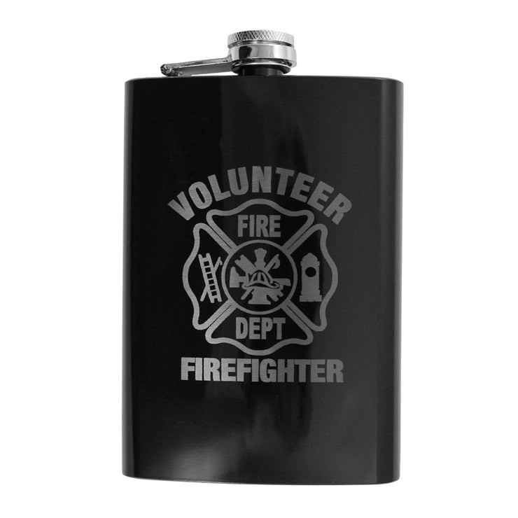 8oz BLACK Volunteer Firefighter Logo Flask