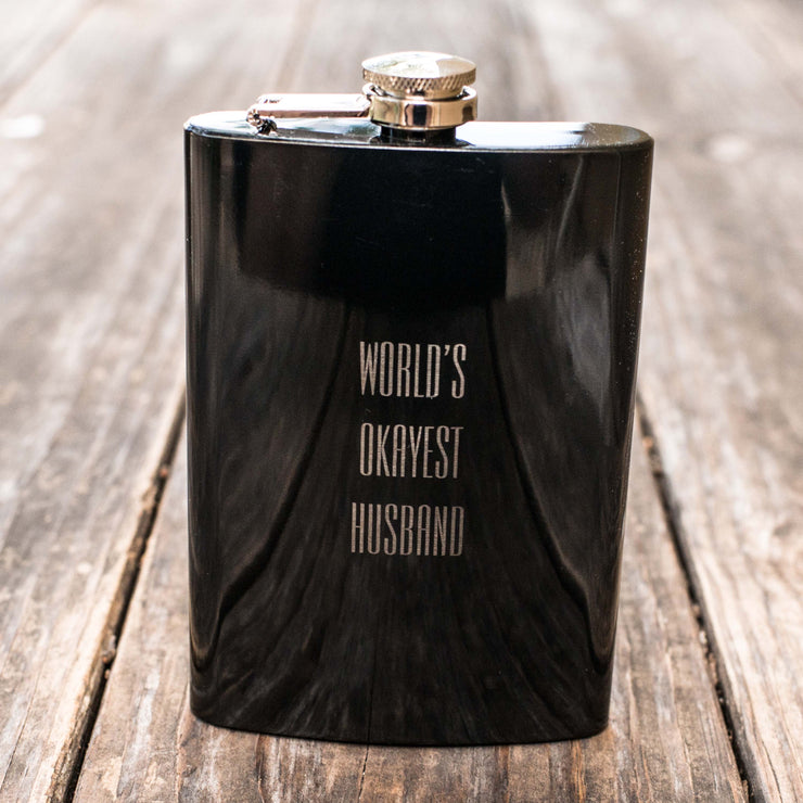 8oz BLACK World's Okayest Husband Flask