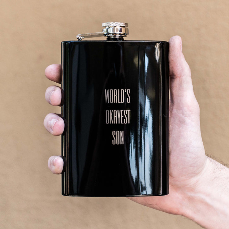 8oz BLACK World's Okayest Son Flask