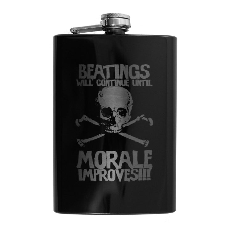 8oz BLACK Beatings Will Contine Flask