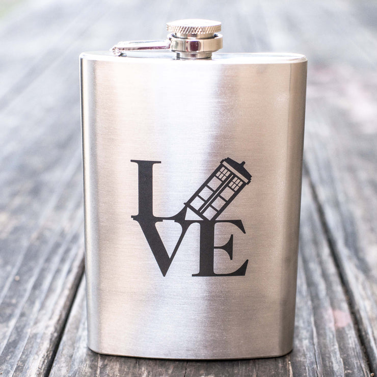 8oz Geek Love Collection - Police Call Box Flask Laser Engraved