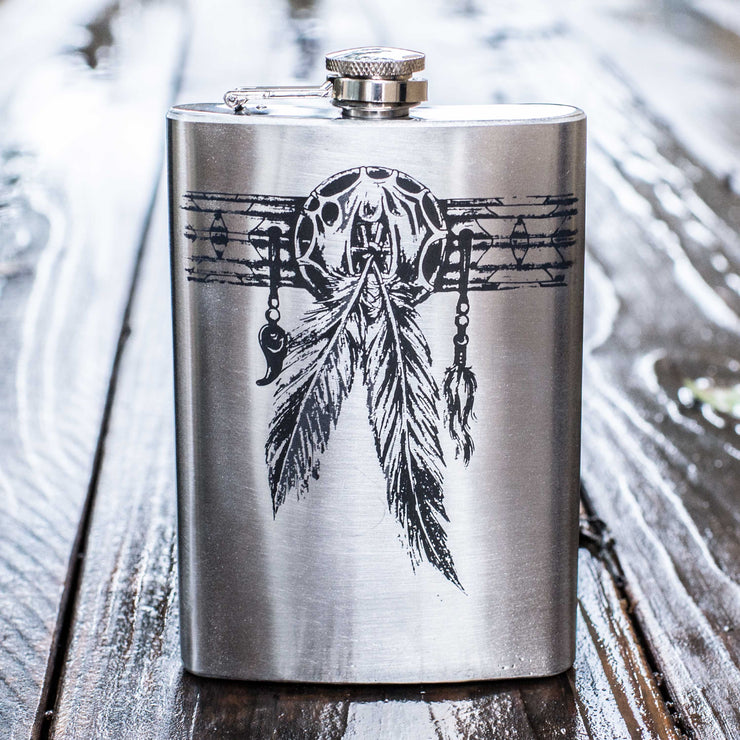 8oz Native American Feather Band Stainless Steel Flask