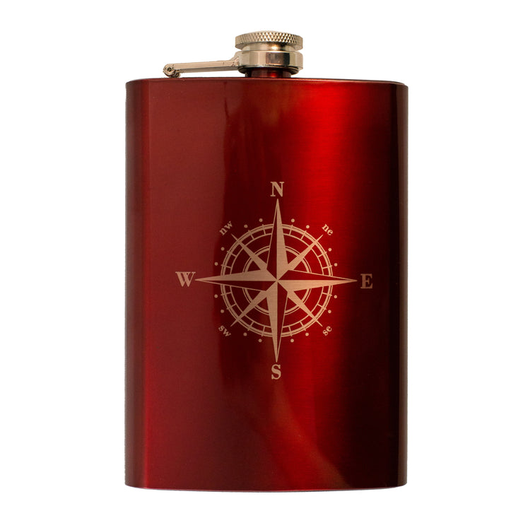 8oz RED Compass Rose Flask Hiking and Sailing Novelty