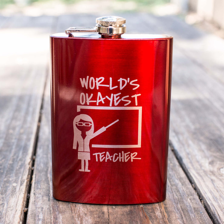 8oz RED World's Okayest Teacher Flask