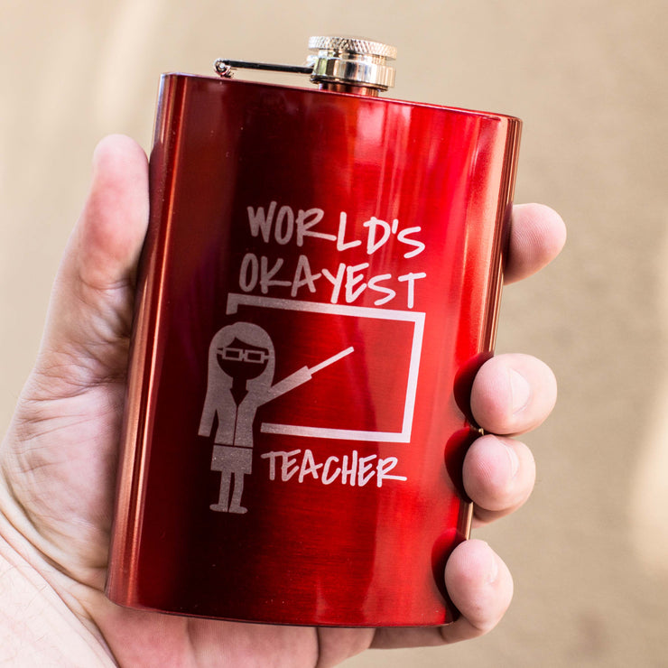 8oz RED World's Okayest Teacher Flask