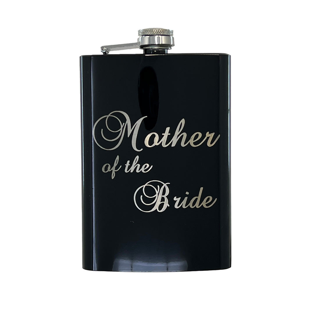 HipFlaskPlus 8oz black stainless steel hip flask engraved with Mother of the Bride