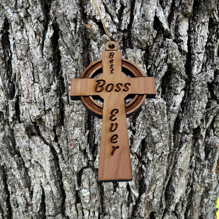 Best Boss Ever Celtic Cross - Cedar Ornament