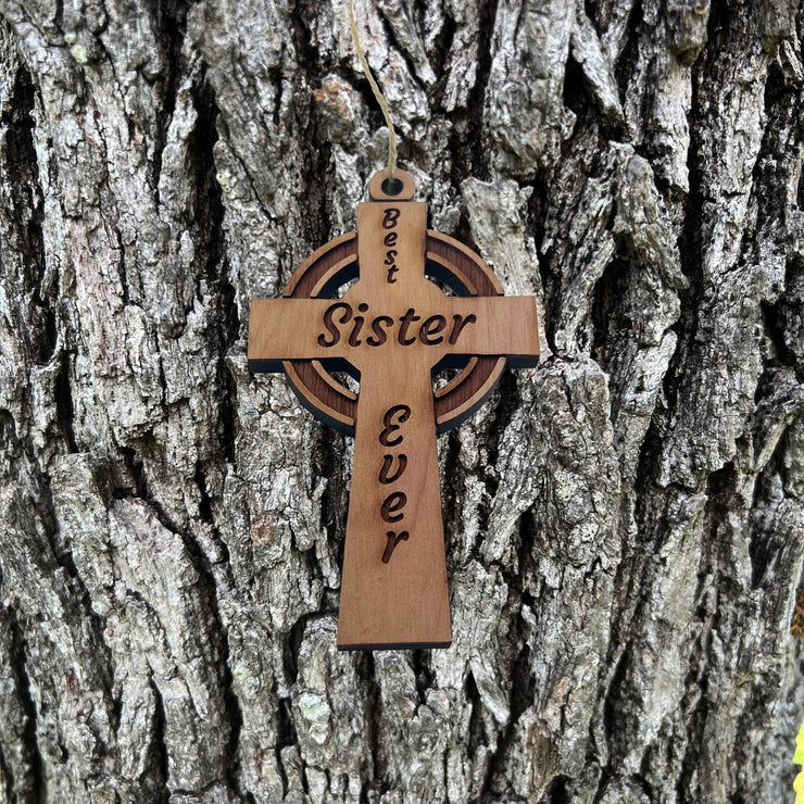 Best Sister Ever Celtic Cross - Cedar Ornament