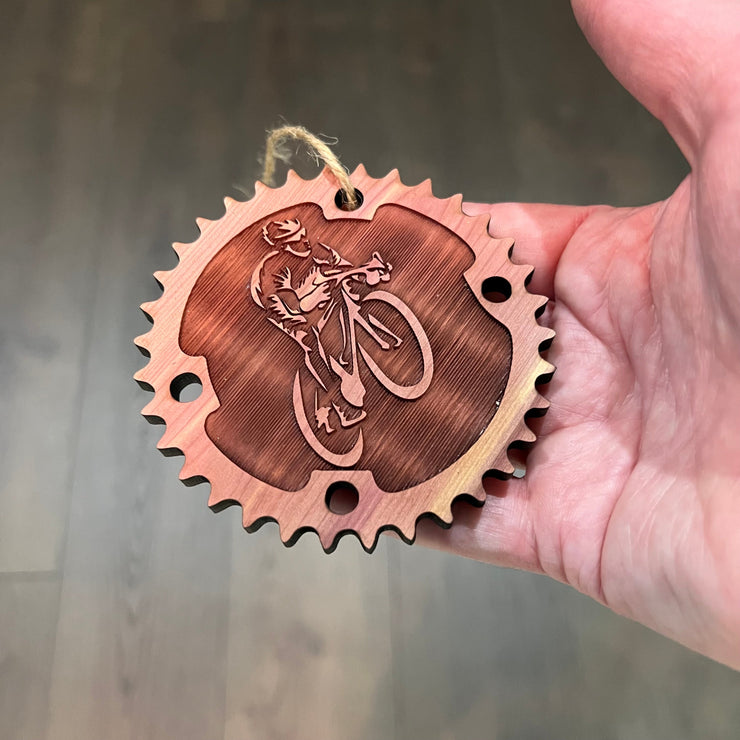 Biker and Chainring - Cedar Ornament