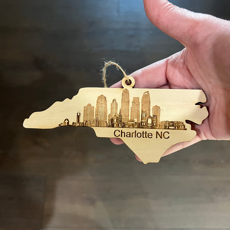 Ornament - Charlotte NC Skyline - Raw Wood Ornament