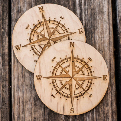 Compass Rose Coaster Set of two 4x4in Raw Wood
