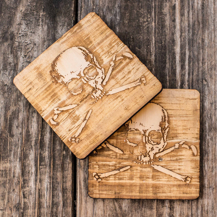 Skull and Crossbones Coaster Set of two 4x4in Raw Wood
