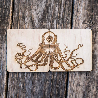 Steampunk Octopus Coaster Set of two 4x4in Raw Wood