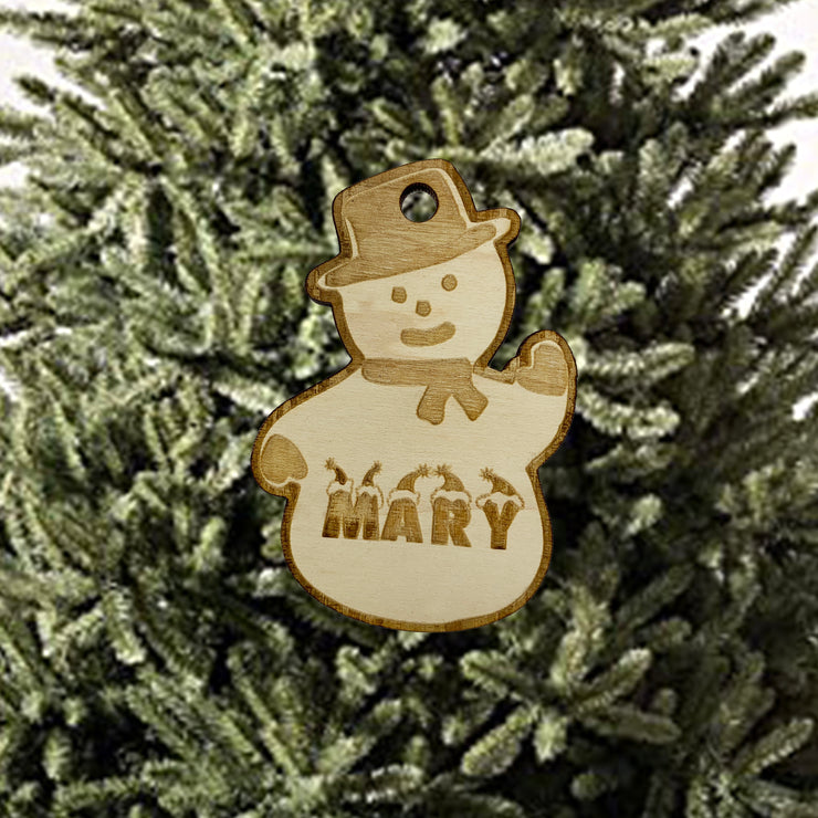 Custom Snowman With Name Ornament - Raw Wood