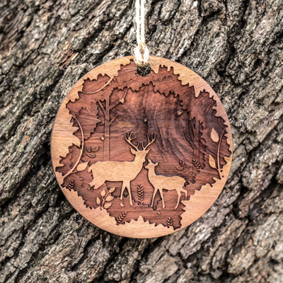 Deer Couple - Raw Cedar Ornament 3x3in