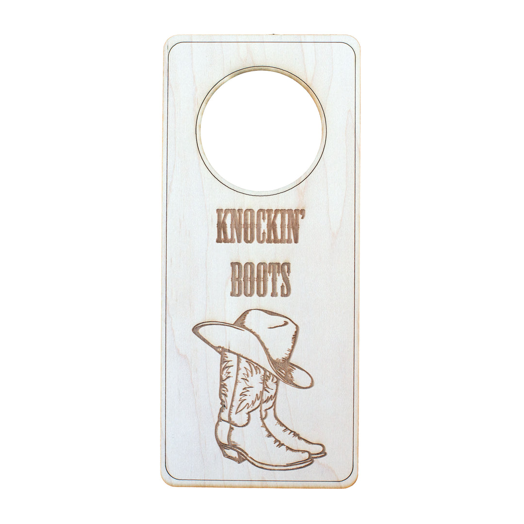 Door Hanger - Knockin Boots 9x4in Raw Wood Door Hanger - Knockin Boots 9x4in Raw Wood