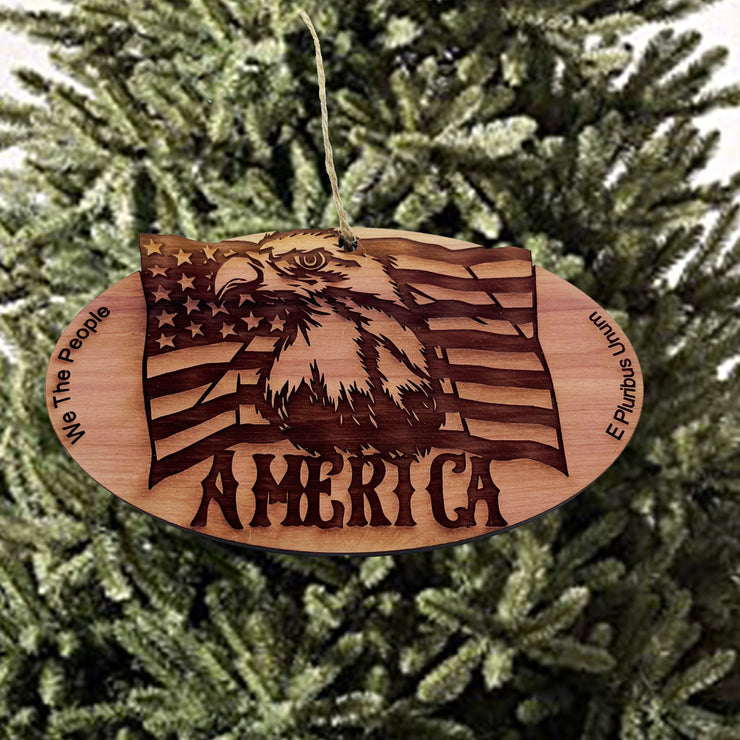 Eagle and American flag - Cedar Ornament
