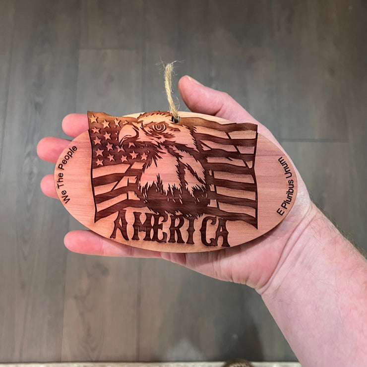 Eagle and American flag - Cedar Ornament